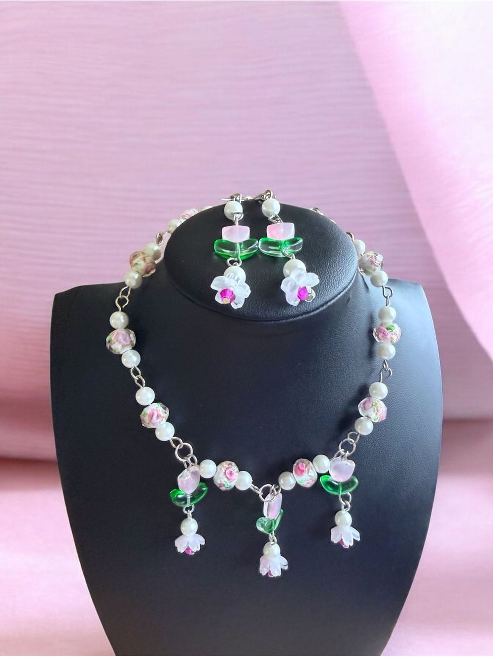 Handcrafted Pink & Green Floral Glass Bead Necklace and Earring Set